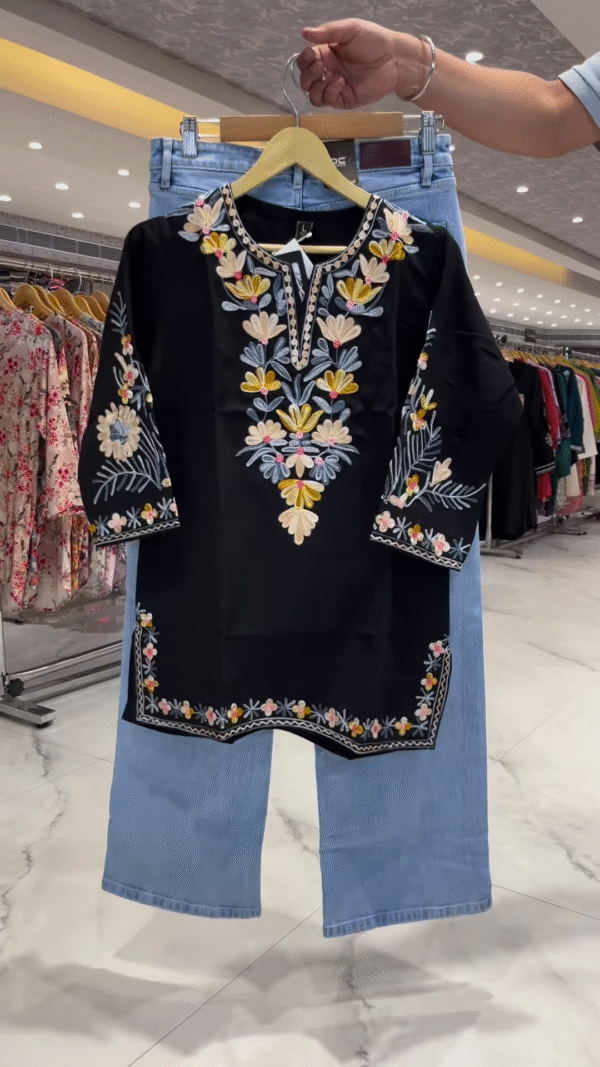 🌸 Elegant Multicolor Embroidered Black Kurti with Denim Pants – Fusion Chic Collection 🌼